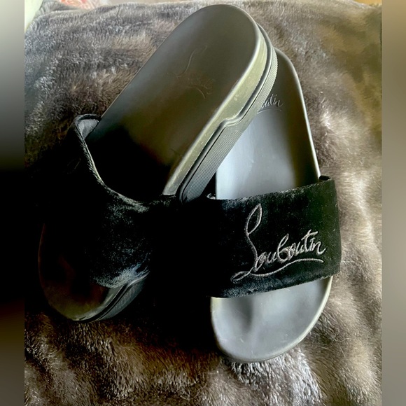 AUTHENTIC CHRISTIAN LOUBOUTIN Platform Velvet Slides BLACK - Picture 4 of 8